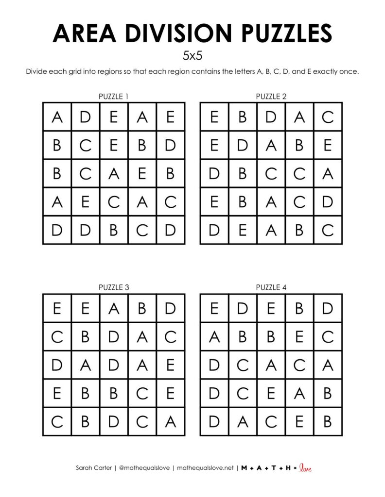 5x5 area division puzzles page 1.