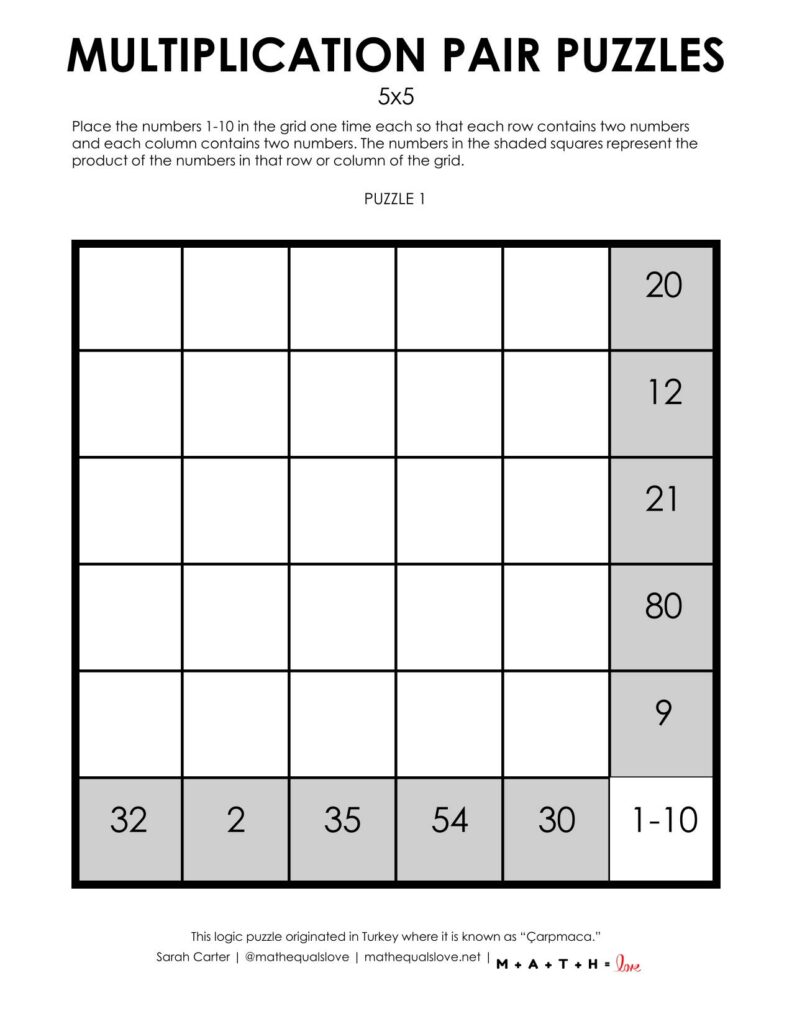 1 to a page version of 5x5 multiplication pair puzzles (carpmaca)