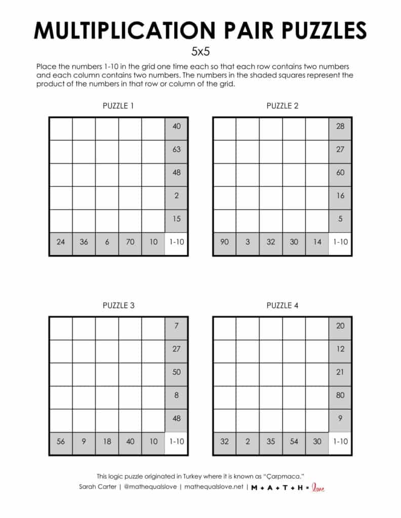 5x5 multiplication pair logic puzzles 1-10 (carpmaca)