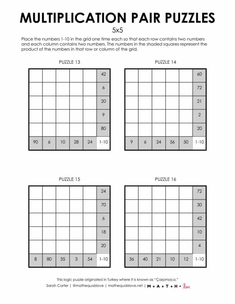 4 to page version of 5x5 multiplication pair puzzles (carpmaca)