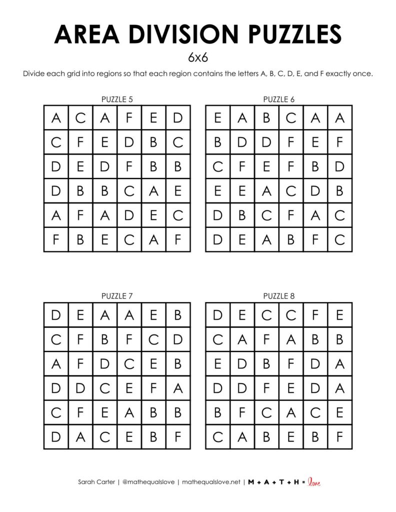 6x6 area division logic puzzles page 2.