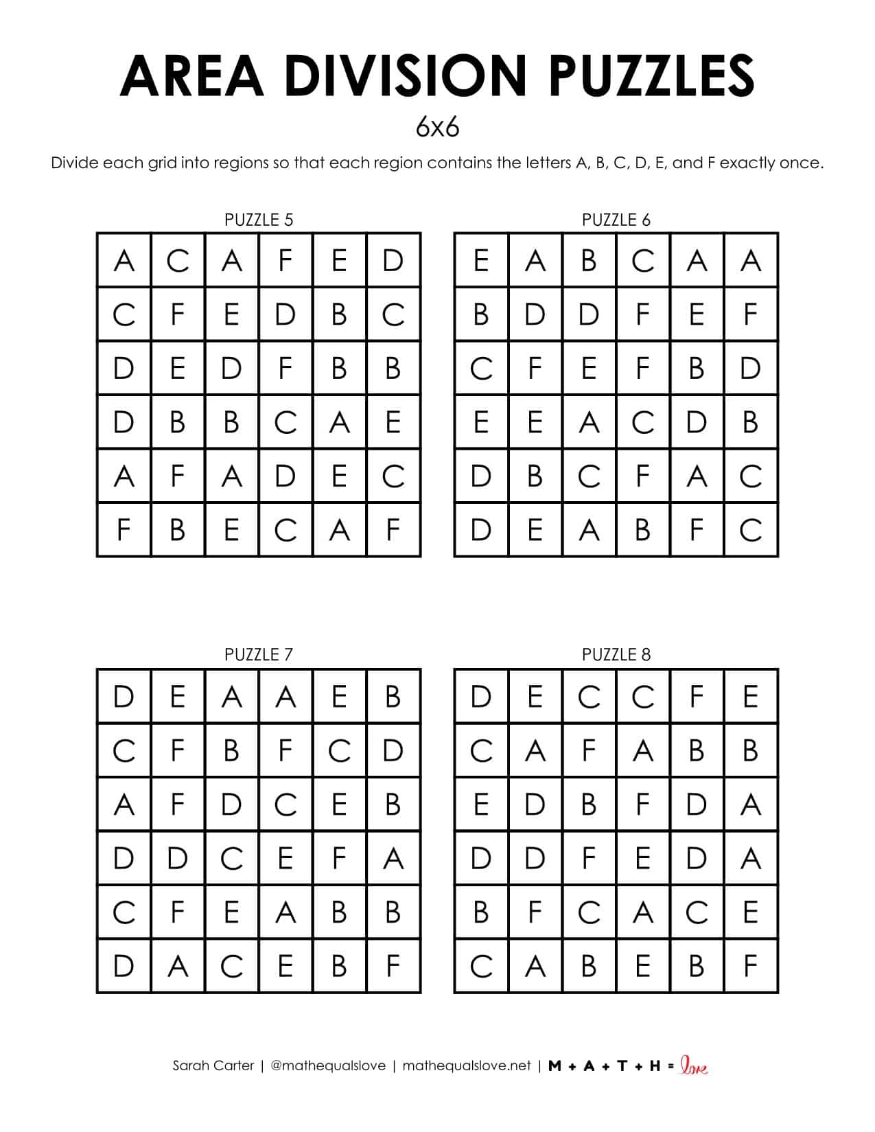 6x6 Area Division Puzzles | Math = Love