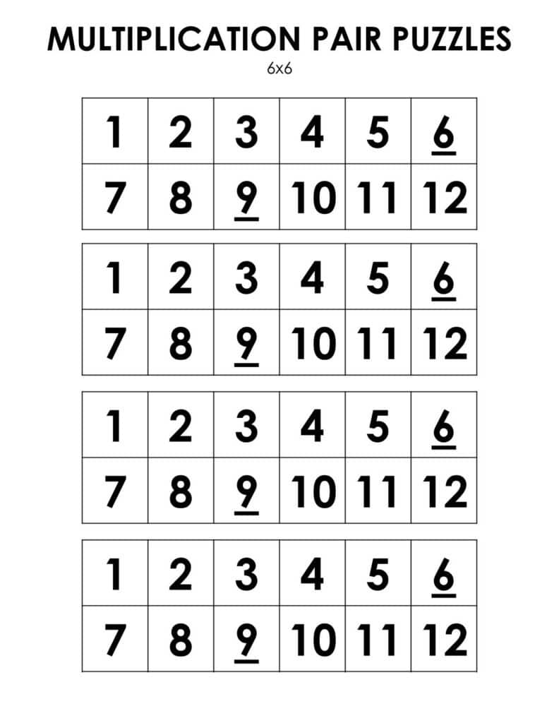 1-12 number tiles for 6x6 multiplication pair puzzles.