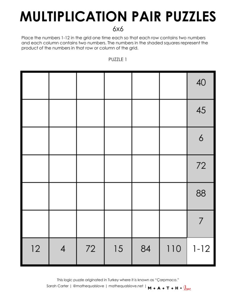6x6 multiplication pair puzzle (1 to a page version)
