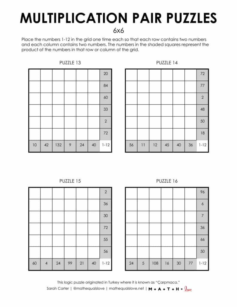 6x6 multiplication pair puzzles - 4 to a page version.