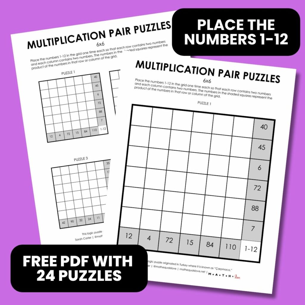 6x6 carpmaca multiplication pair puzzles 1-12.