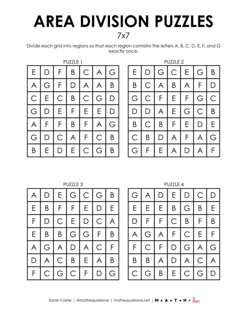 7x7 area division puzzles page 1
