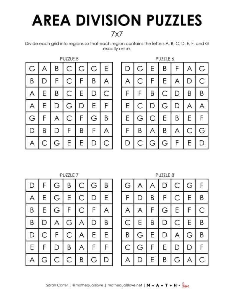7x7 area division puzzles page 2
