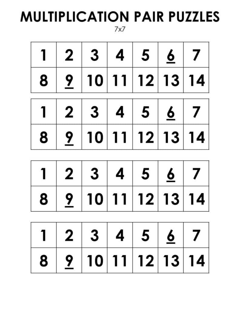 1-14 number tiles for 7x7 multiplication pair puzzles.