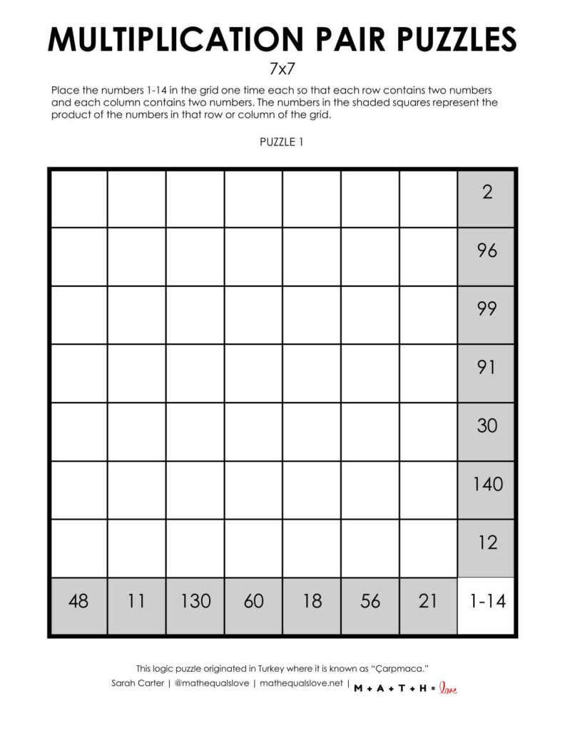 1 to a page version of 7x7 multiplication pair puzzles for 1-14.