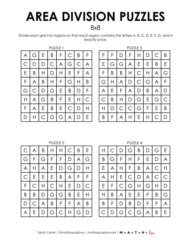 8x8 area division puzzles page 1