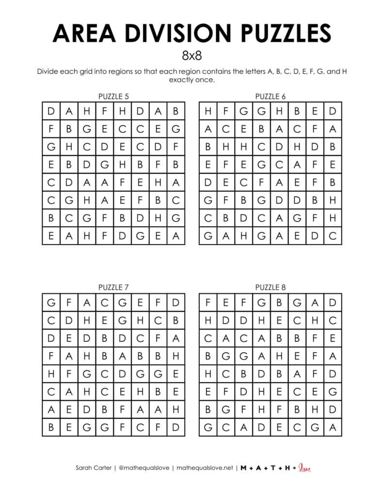 8x8 area division puzzles page 2