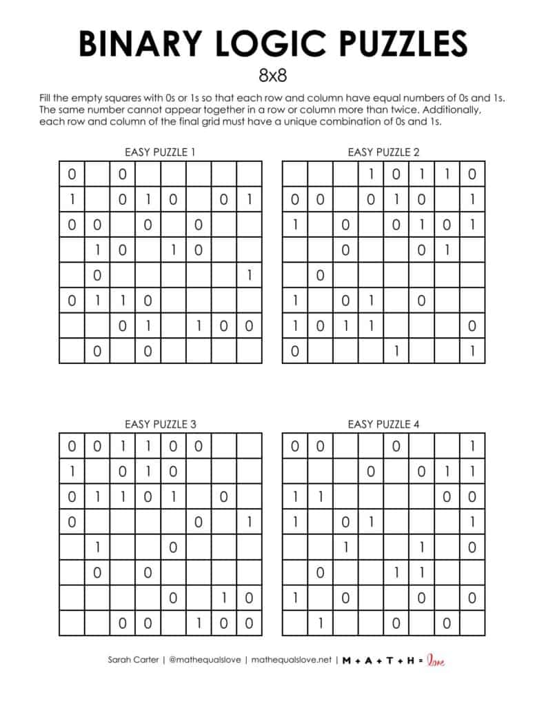 screenshot of 8x8 binary logic puzzles.