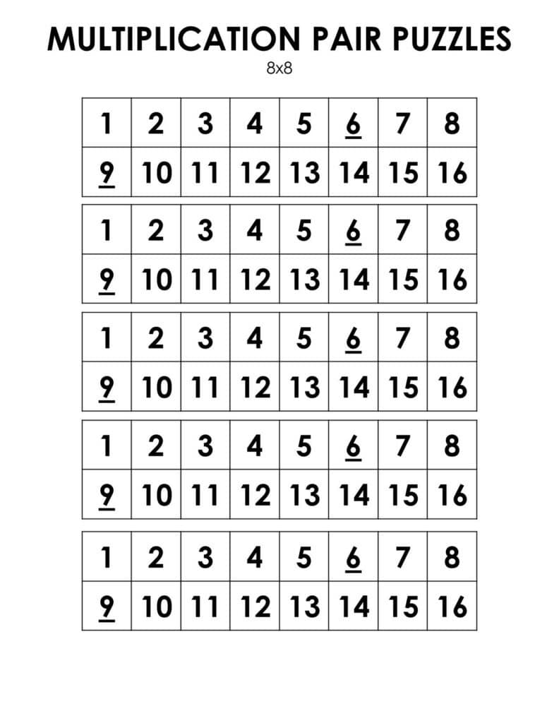 1-16 number tiles for 8x8 multiplication pair puzzles.