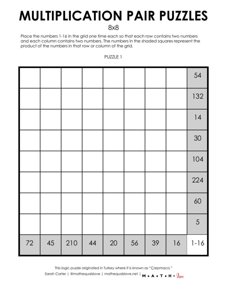 8x8 multiplication pair puzzles 1 to a page.