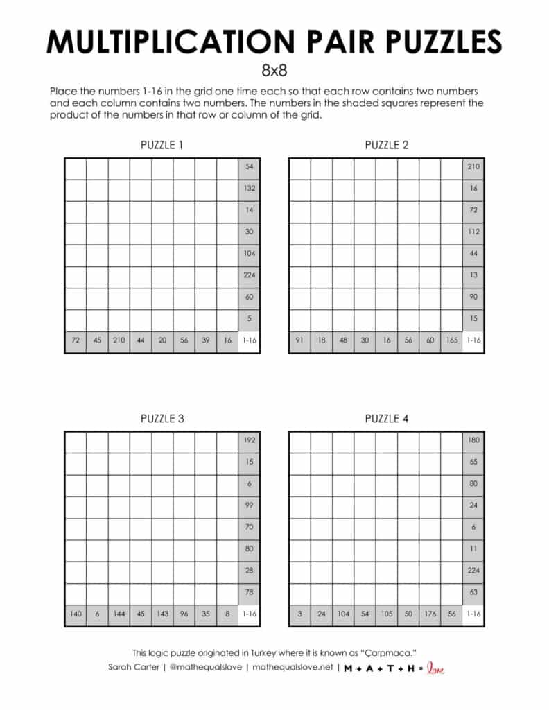 8x8 multiplication pair puzzles 1-16 carpmaca.