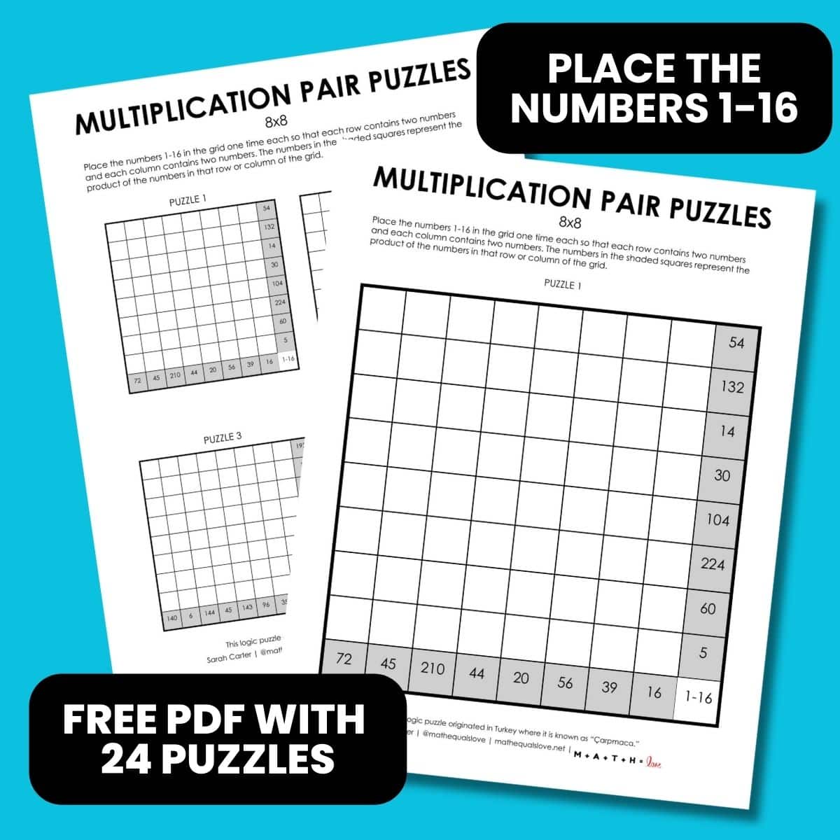 8x8 multiplication pair puzzles carpmaca (1-16)