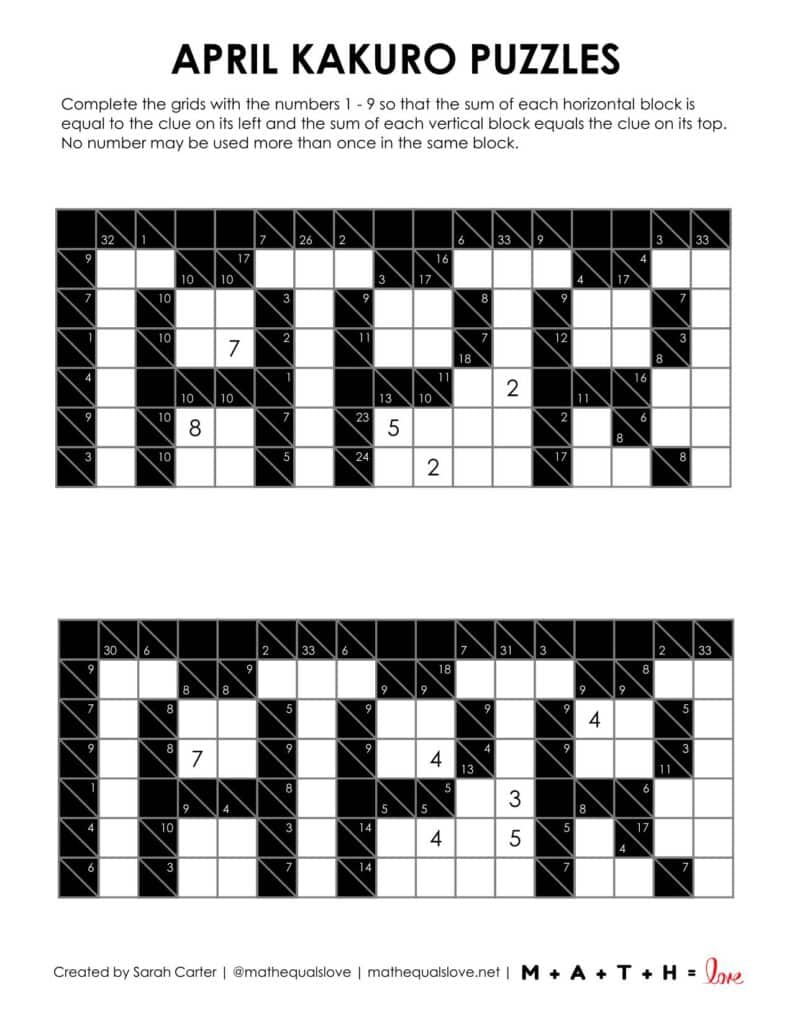 april kakuro puzzles screenshot.