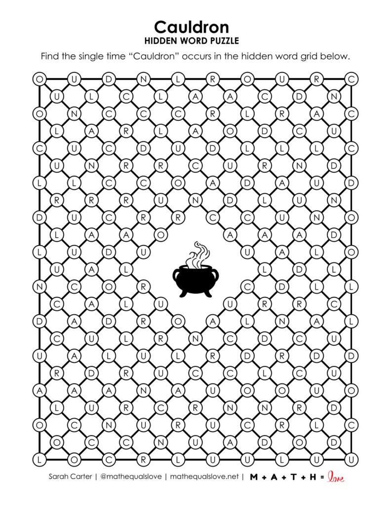 cauldron hidden word puzzle for halloween.
