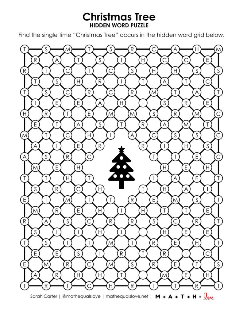 christmas tree hidden word puzzle.