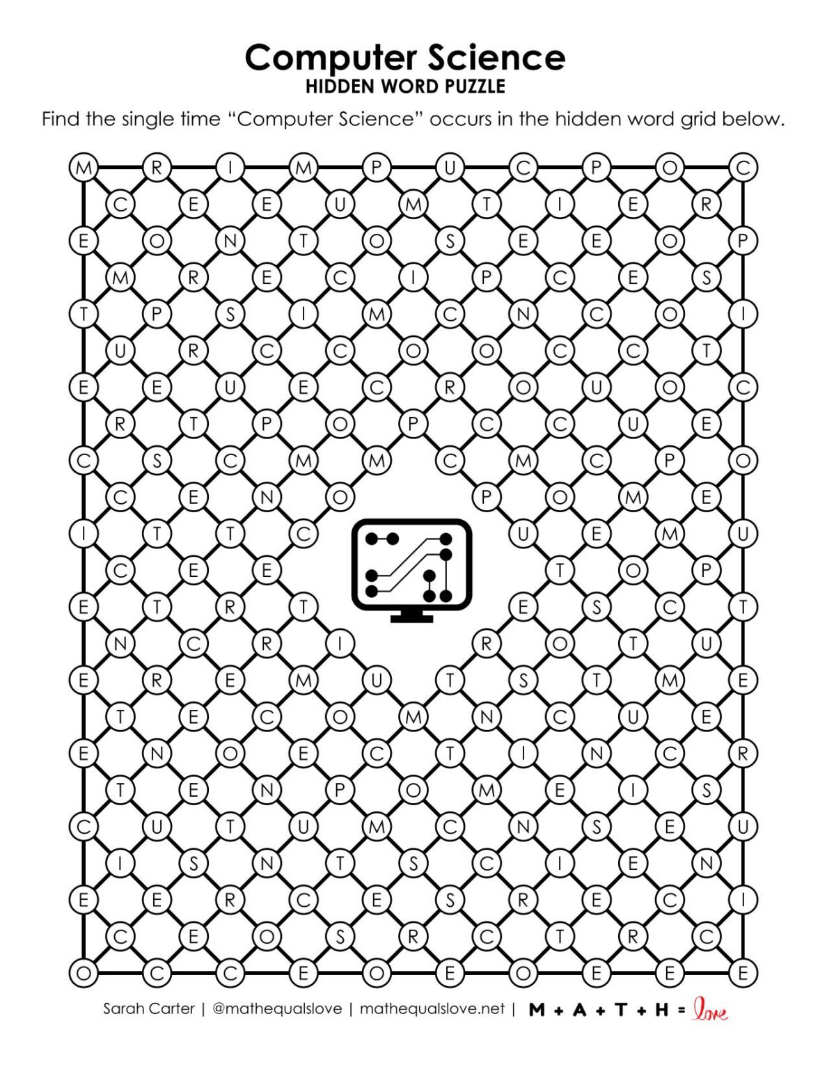 Computer Science Hidden Word Puzzle | Math = Love