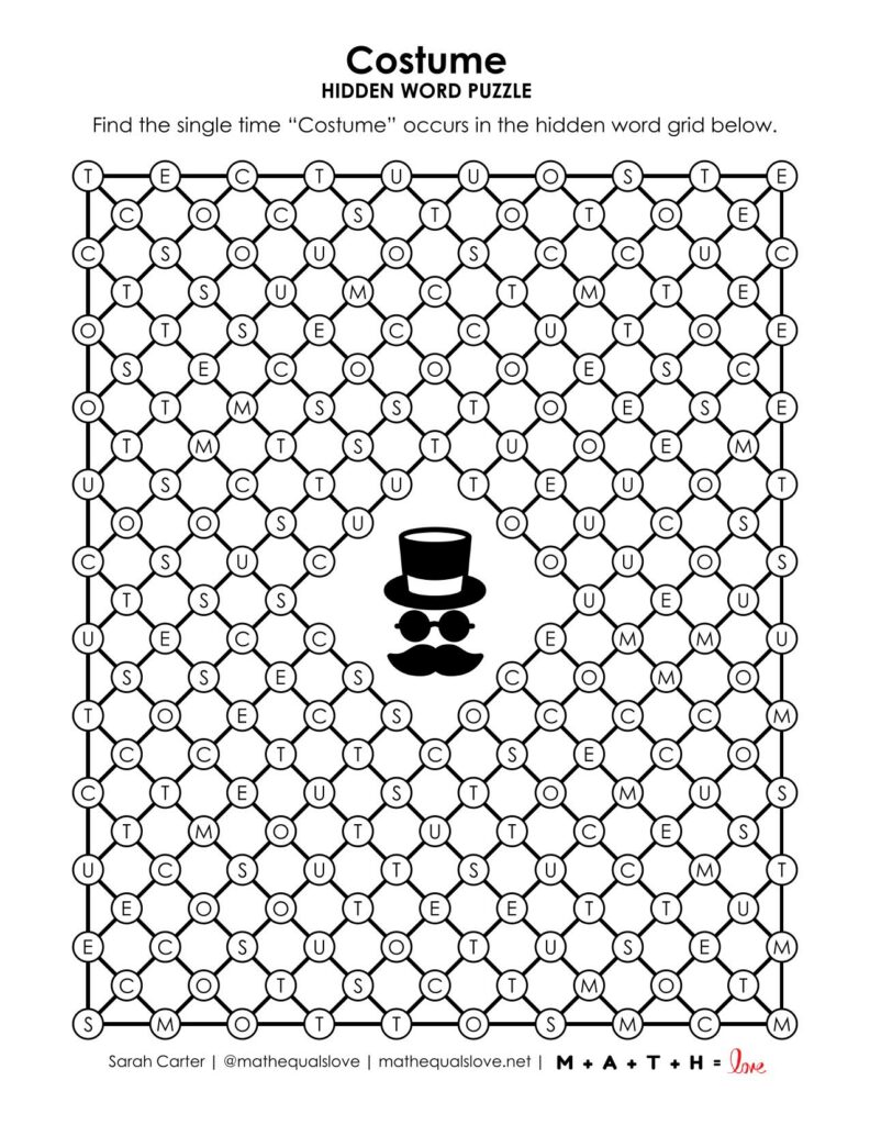 costume hidden word puzzle for halloween.