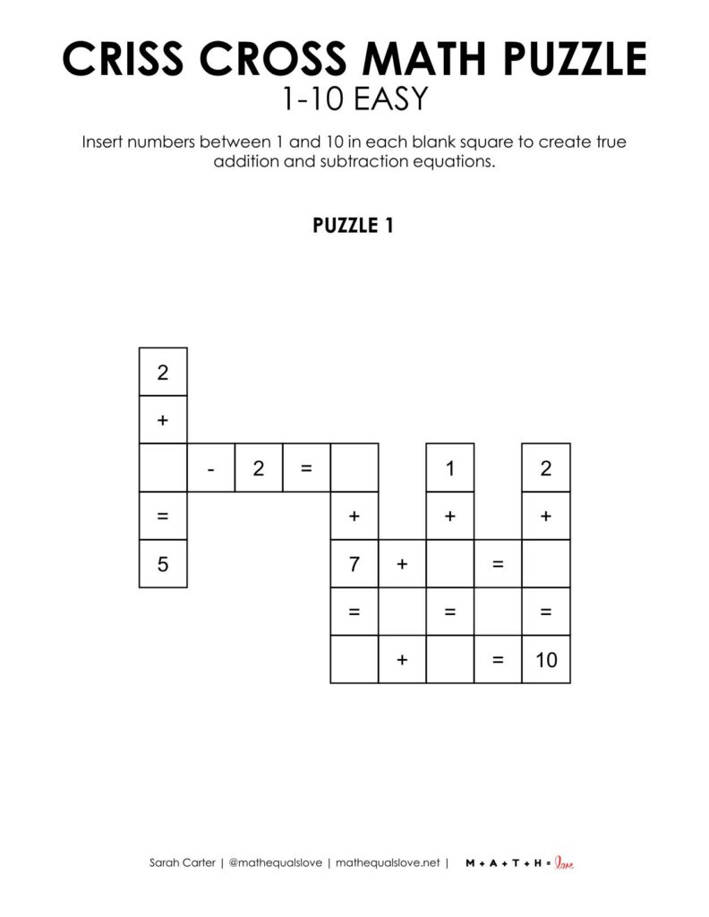 criss cross math puzzle worksheet 1-10 with addition and subtraction problems.