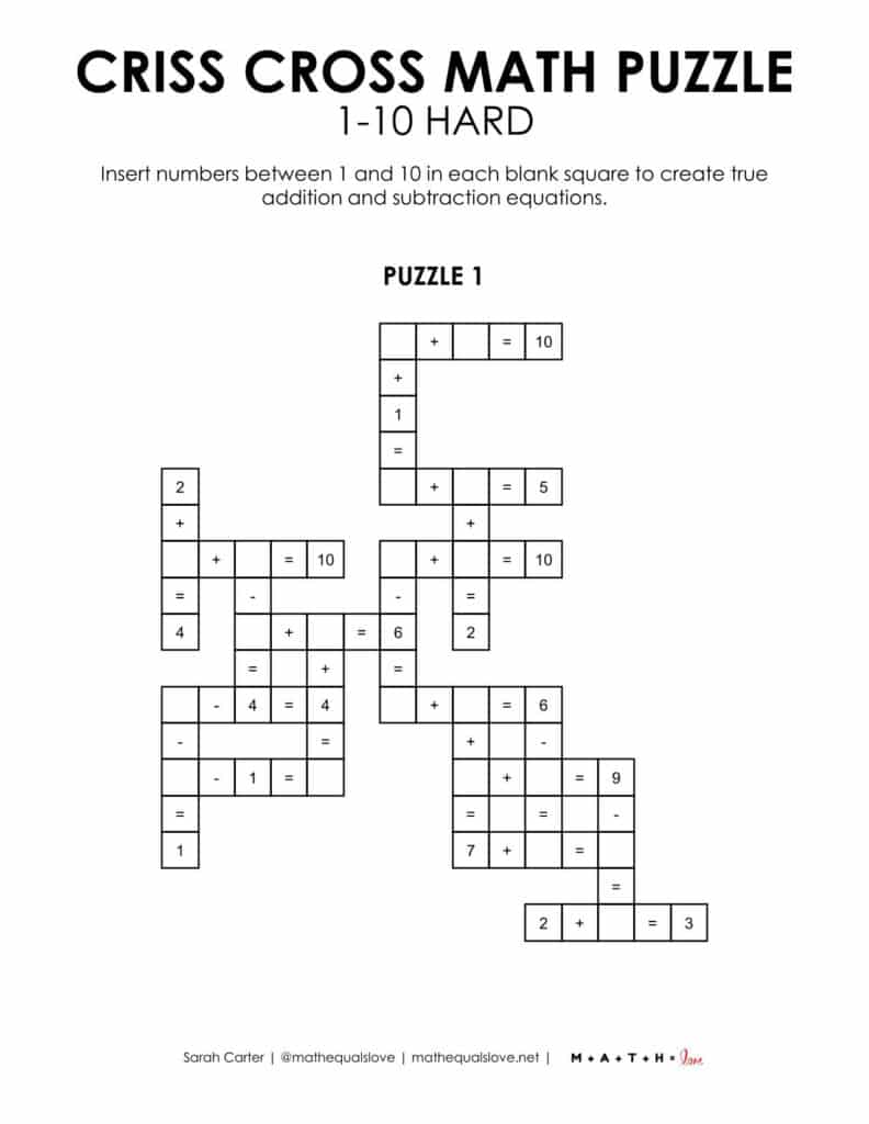 criss cross math puzzle 1-10 hard example.