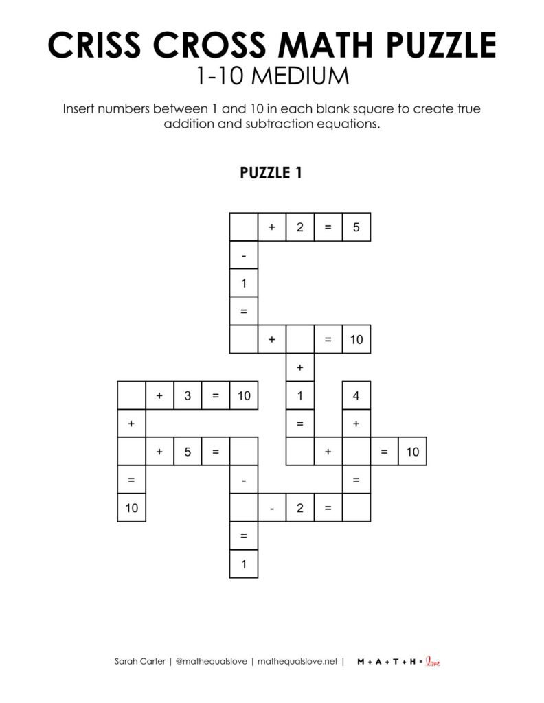 example of criss cross math puzzle 1-10 medium level.