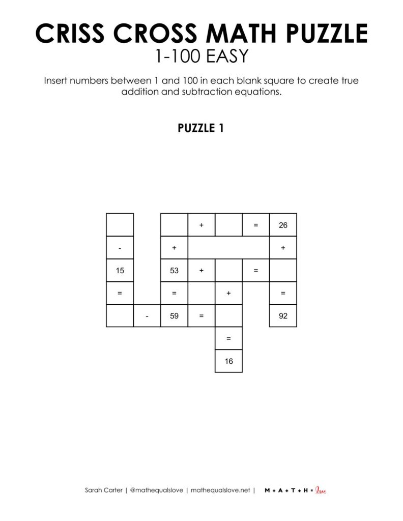 criss cross math puzzle 1-100 level easy.
