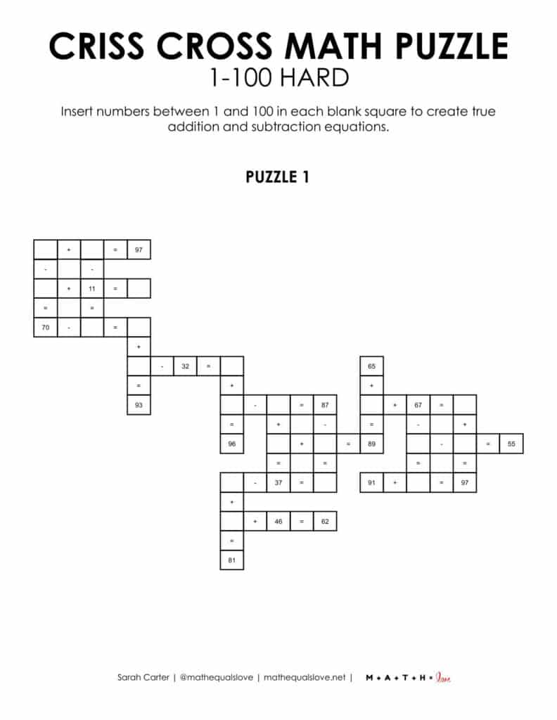 criss cross math puzzles 1-100 level hard.