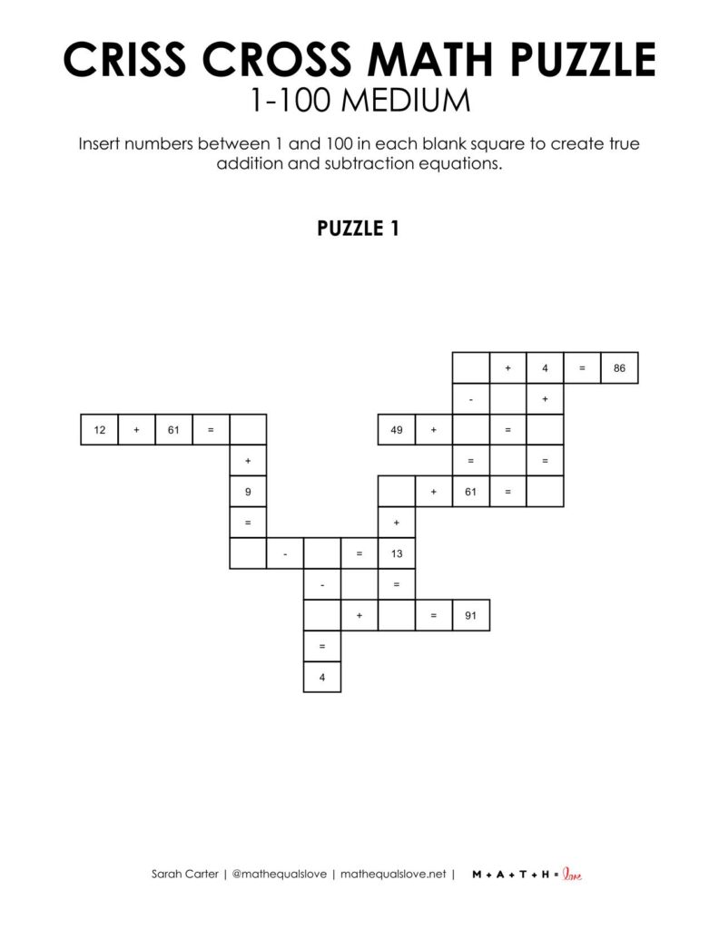 criss cross math puzzle 1-100 level medium.