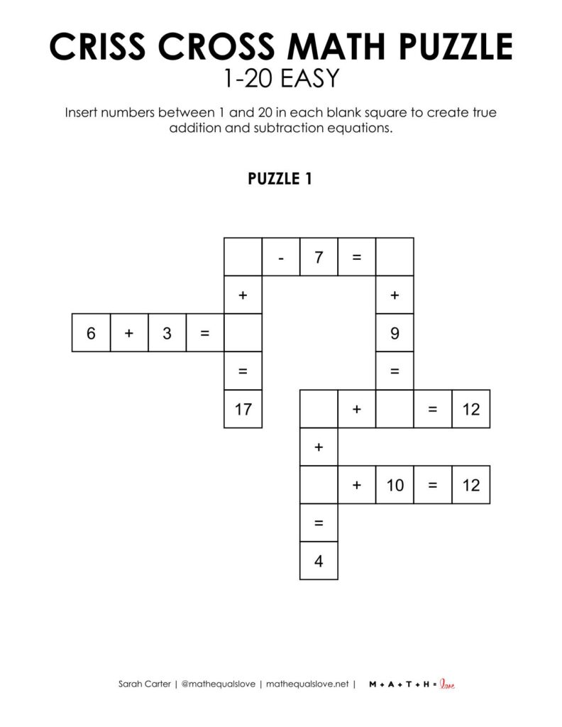 criss cross math puzzle 1-20 level easy.