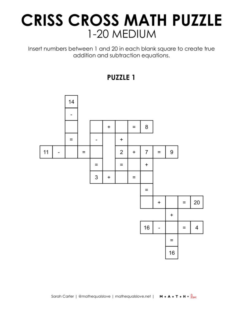 criss cross math puzzle 1-20 level medium.