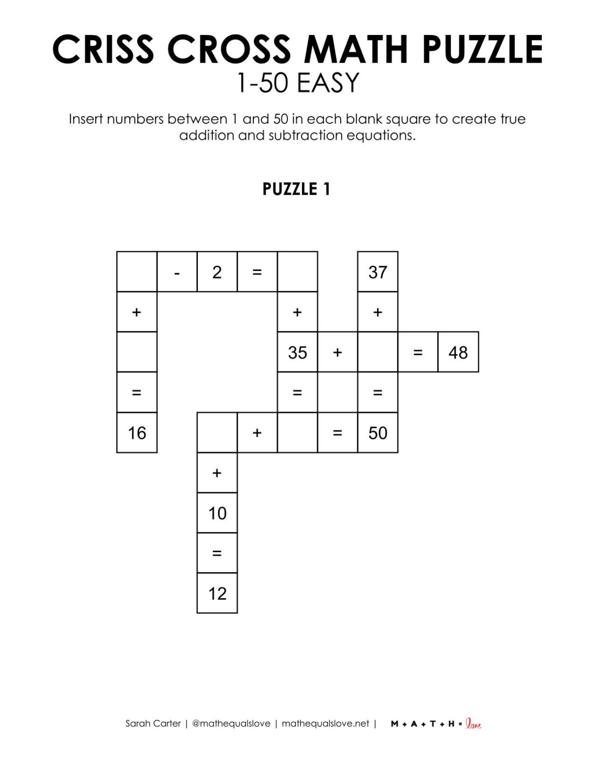 Criss Cross Math Puzzles 1-50 | Math = Love