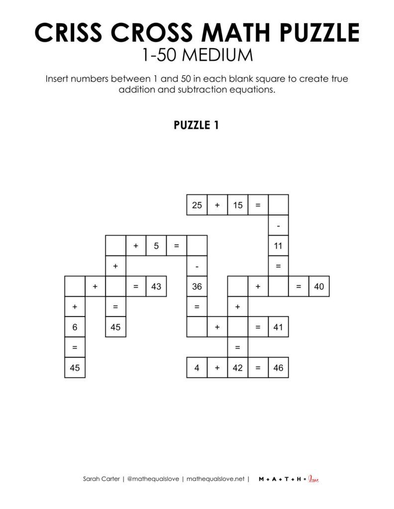 criss cross math puzzle 1-50 level medium .