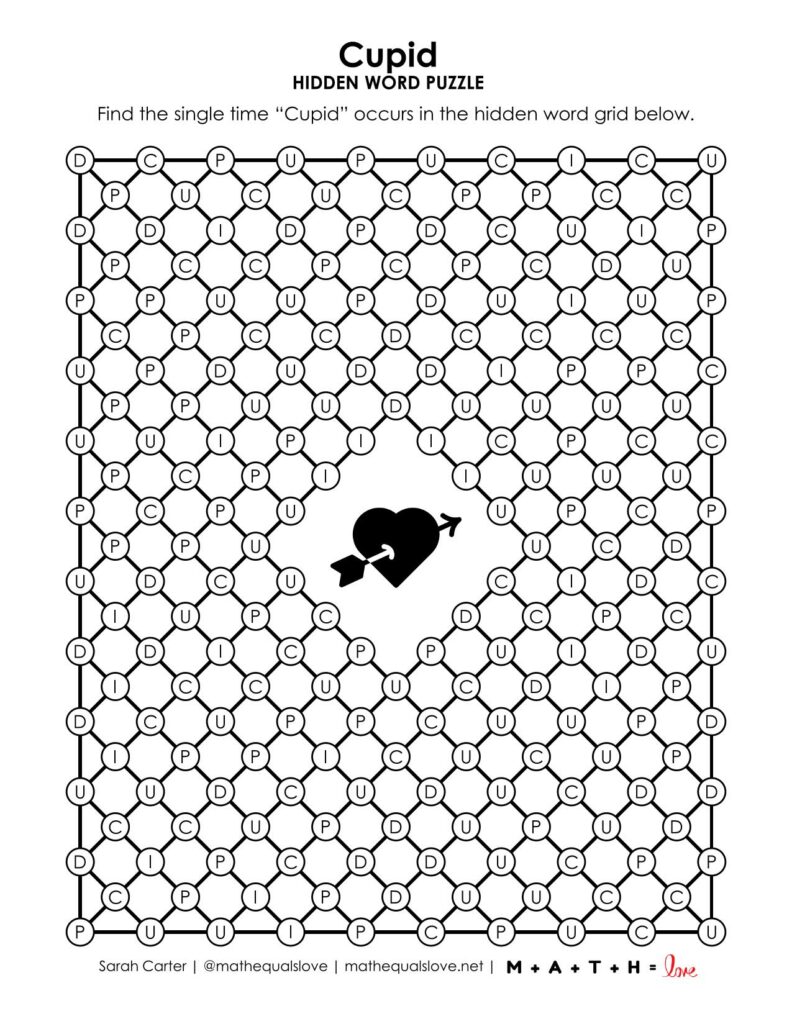 screenshot of cupid hidden word puzzle for valentine's day.