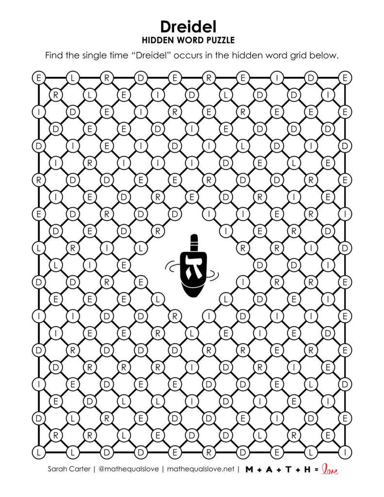 dreidel hidden word puzzle for hanukkah.