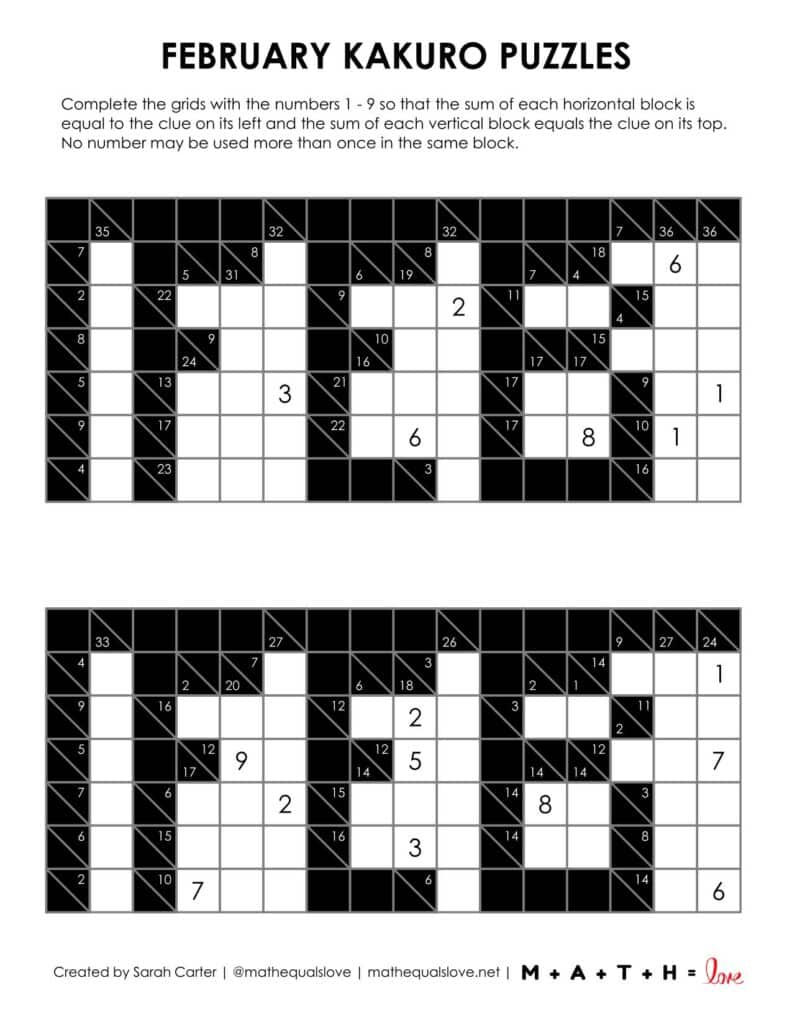 february kakuro logic puzzle screenshot.