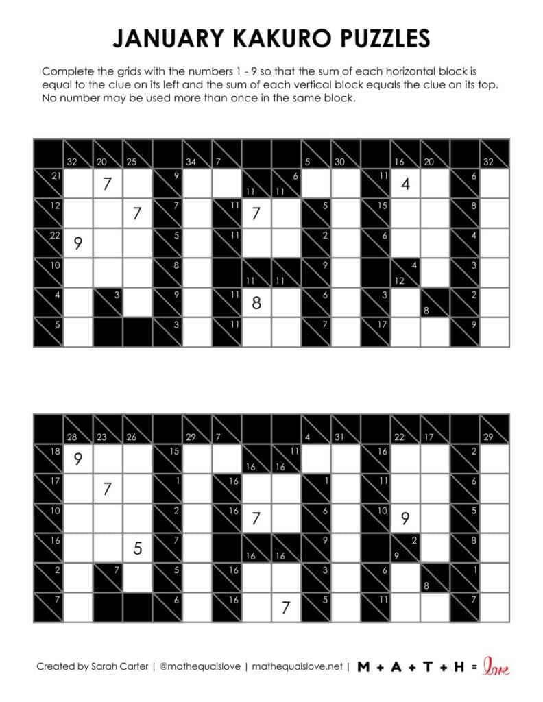 screenshot of january kakuro puzzles.