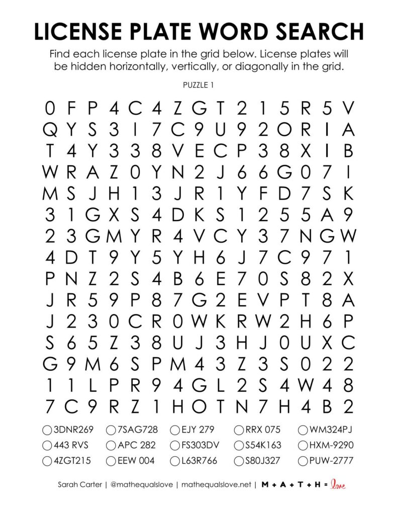 screenshot of license plate word search puzzle pdf worksheet.