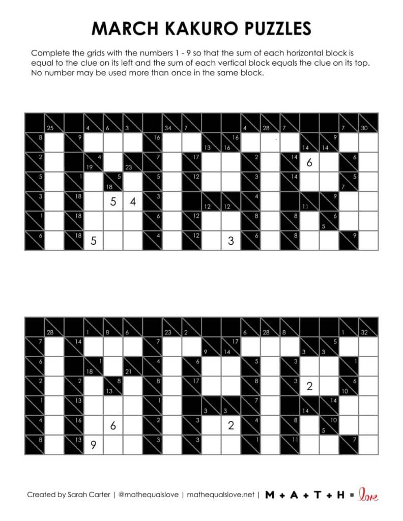 screenshot of march kakuro logic puzzle.