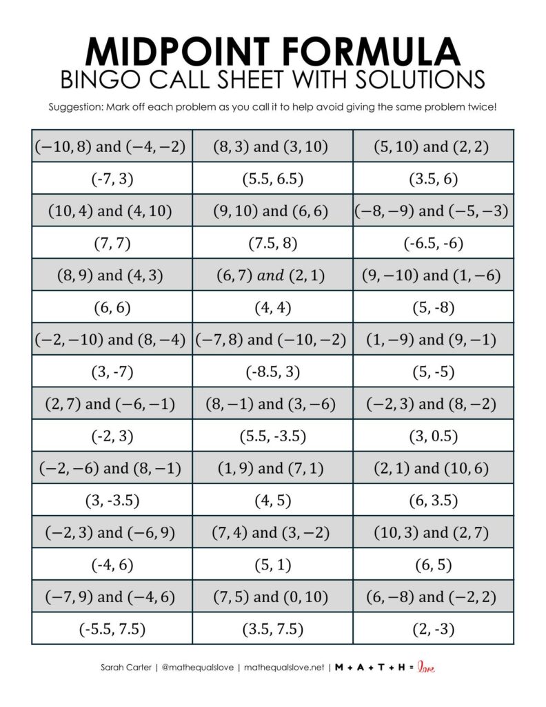 midpoint formula geometry bingo game call sheet - version 1