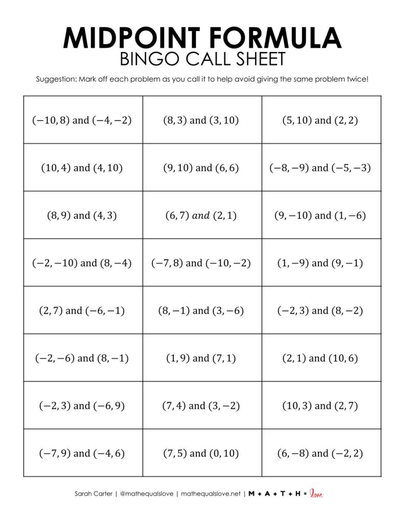midpoint formula geometry bingo game call sheet - version 2
