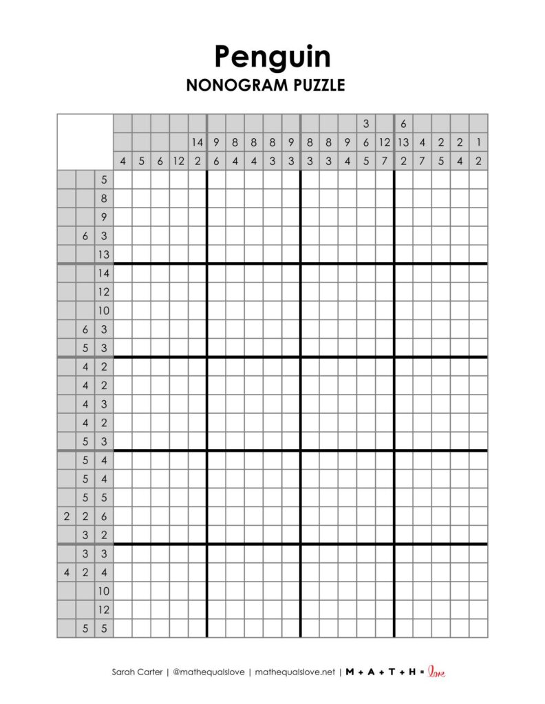 penguin nonogram puzzle free printable pdf.
