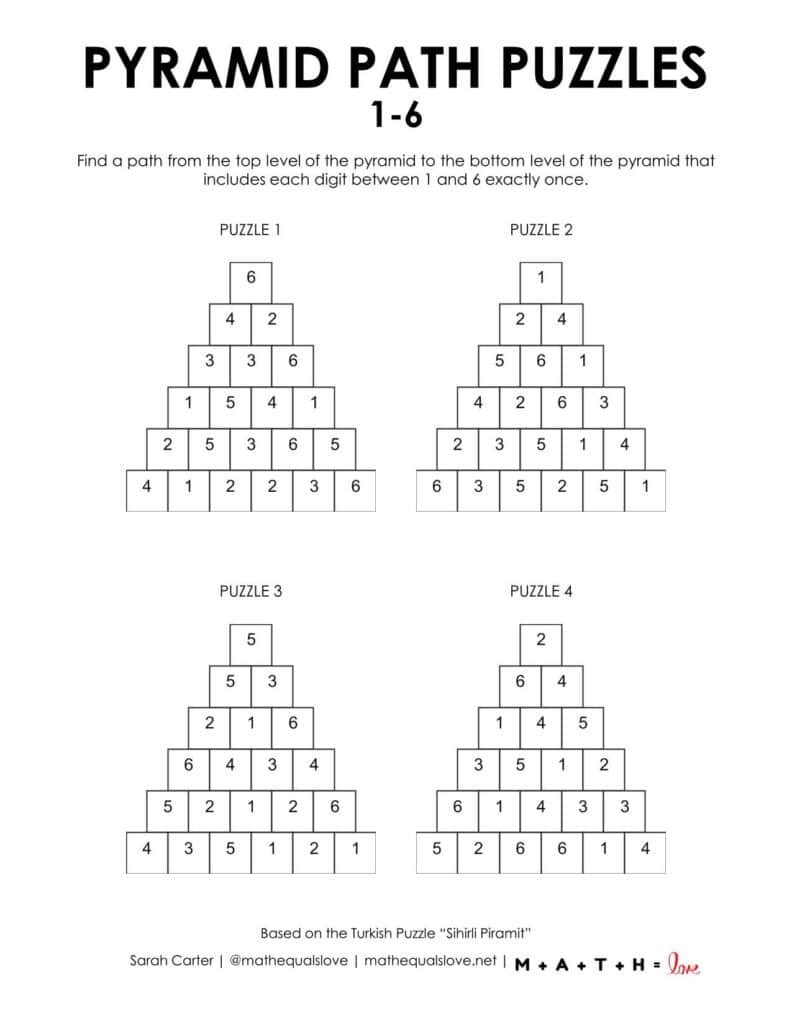 1-6 pyramid path puzzles.