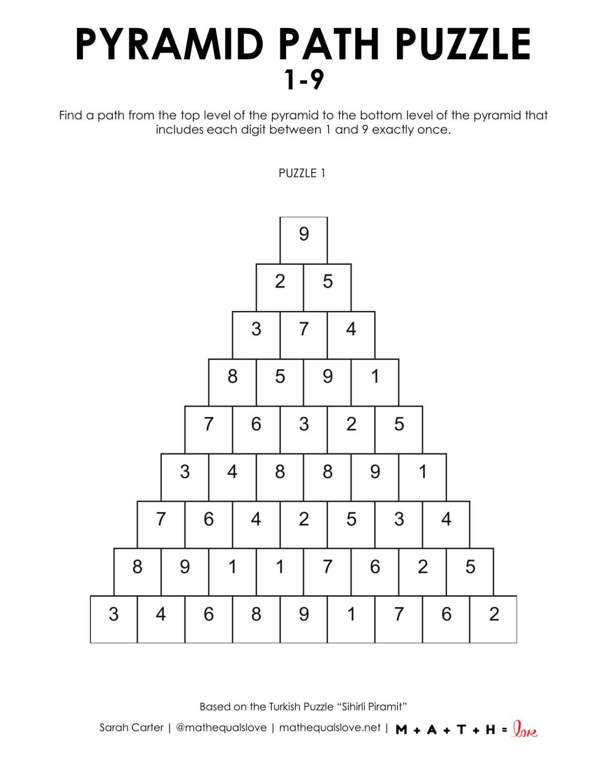 1-9 Pyramid Path Puzzles | Math = Love