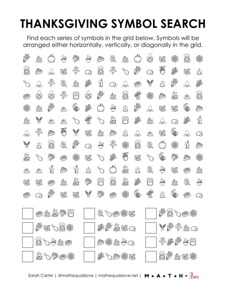 screenshot of thanksgiving symbol search puzzle worksheet.