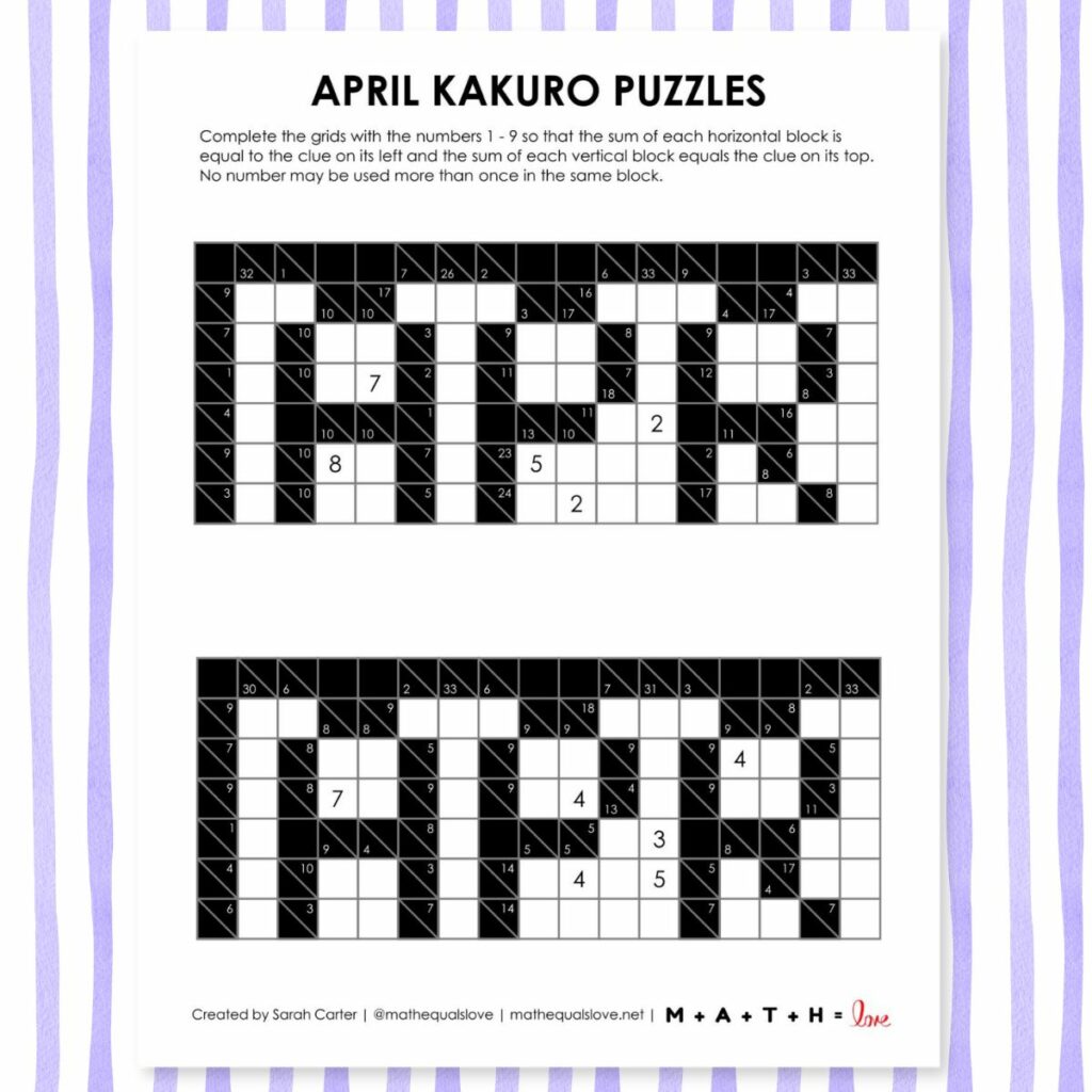 april kakuro logic puzzles.