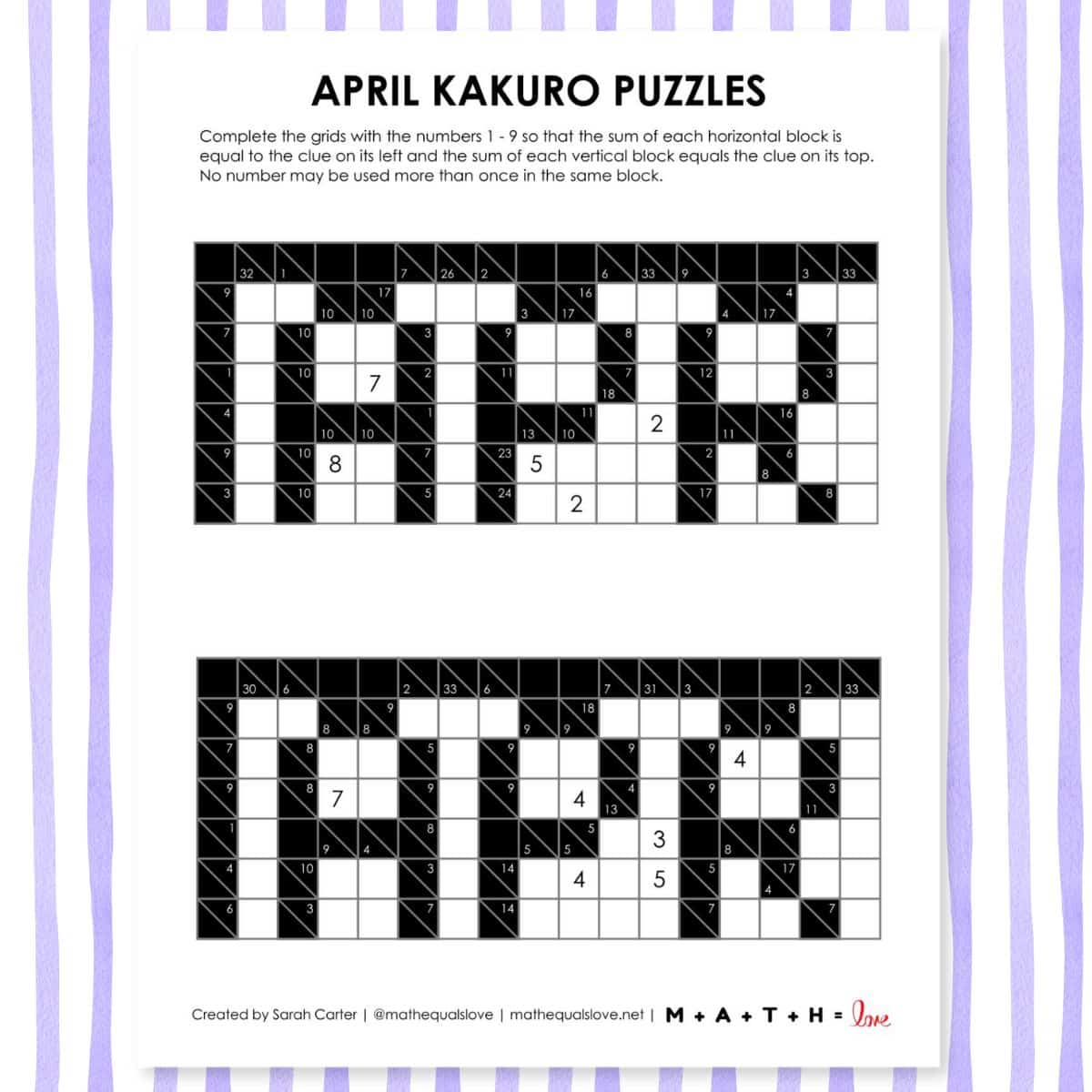april kakuro logic puzzles.